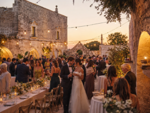 Matrimonio in masseria pugliese al tramonto con ospiti durante il ricevimento